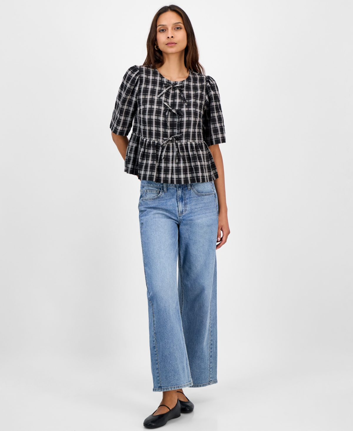 And Now This Women's Plaid Tie-front Peplum Top, Macy's Exclusive In Black