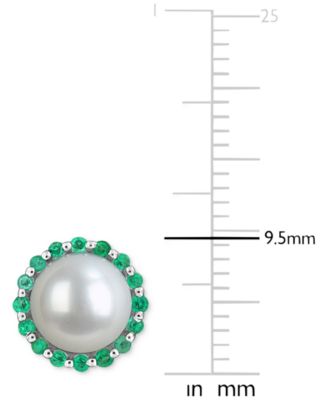 Cultured Freshwater Pearl (7mm) & Emerald (3/8 ct. t.w.) Halo Stud Earrings in Sterling Silver