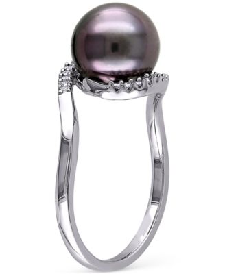 Cultured Black Tahitian Pearl (9mm) & Diamond (1/10 ct. t.w.) Swirl Ring in Sterling Silver