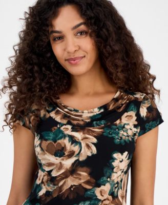 Women's Printed Cowl Neck Cap Sleeve Top, Regular & Petites
