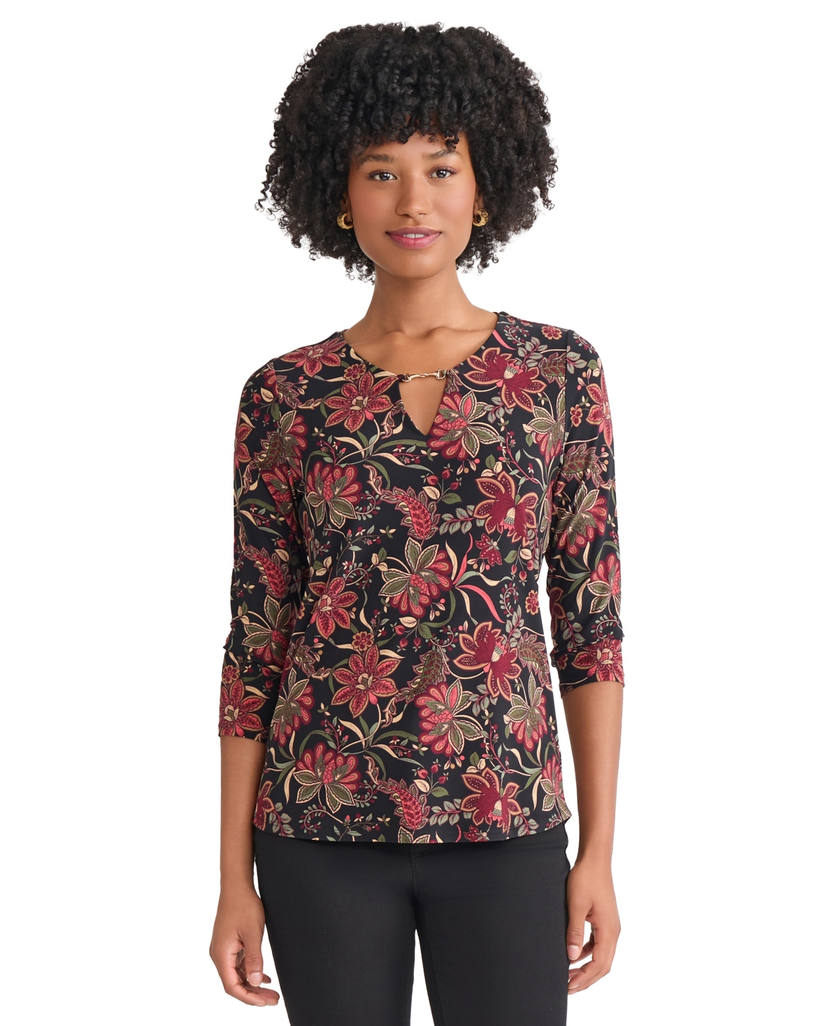 Jones New York Floral V-neck Jersey Top In Black