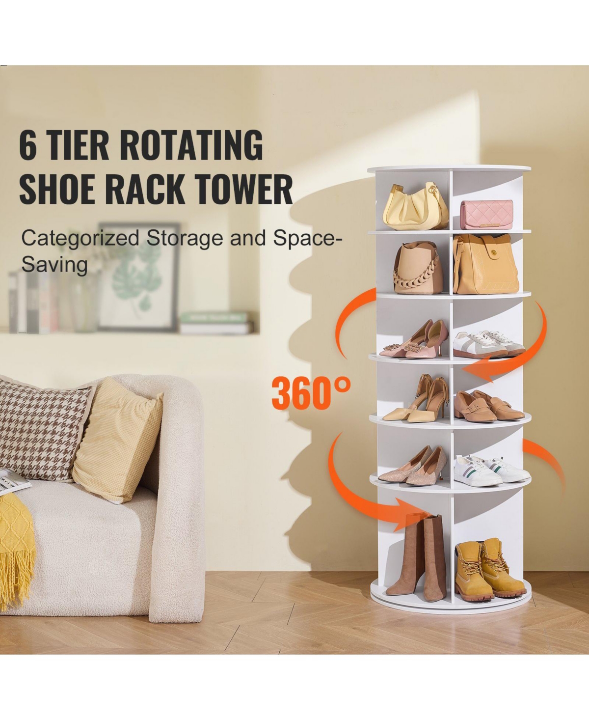 Slickblue 6-Tier Rotating Shoe Rack Tower, 360° Spinning Round Organizer for Entryway Storage