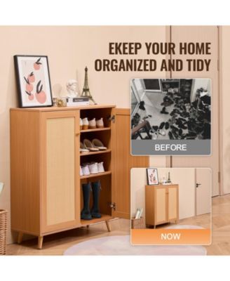 Rattan Shoe Cabinet with 2 Doors, 5-Tier Shoe Organizer with Adjustable Shelves