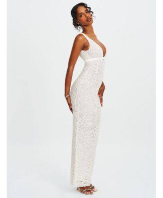 Women's Adelaide White Beaded Sequin Net Bodycon Gown