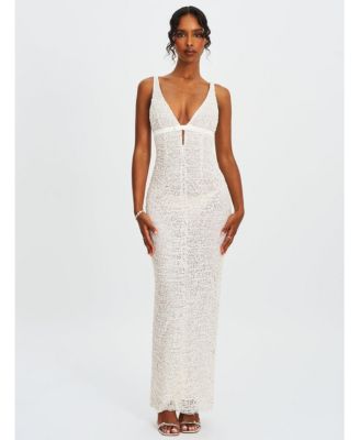 Women's Adelaide White Beaded Sequin Net Bodycon Gown