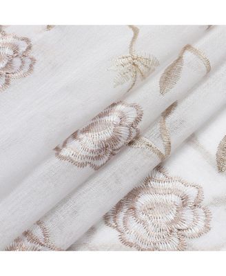 Complete 3 Piece Embroidered Shabby Floral Roses Sheer Cafe Kitchen Curtain Tier & Valance Set - Neutral/Linen