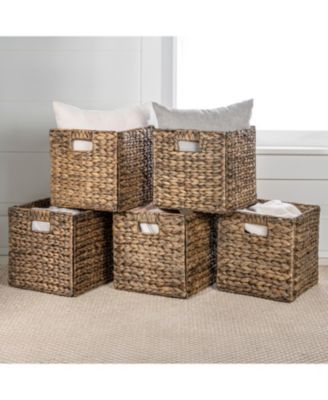 Bryce Farmhouse Hand-Woven Hyacinth Collapsible Storage Cube Baskets with Handles, Set of 5