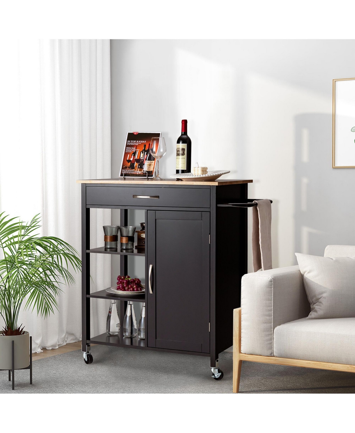 Gymax Mobile Kitchen Island Cart Serving Utility Trolley Drawer Shelf Towel Rack