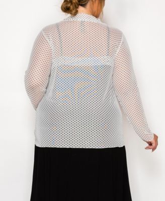 Plus Size Dot Mesh Button Front Long Sleeve Top
