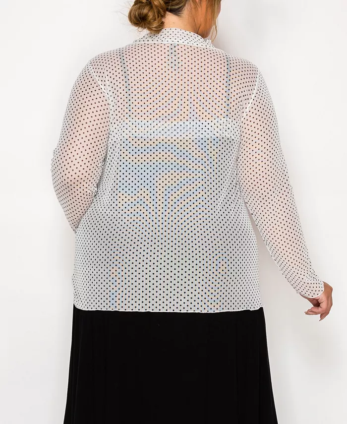 Plus Size Dot Mesh Button Front Long Sleeve Top - thumbnail 7
