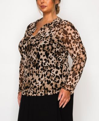 Plus Size Leopard Mesh Button Front Long Sleeve Top