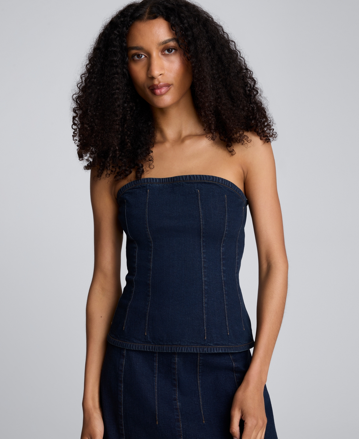 Kenneth Cole Denim Bustier Top With Smocking In Blue