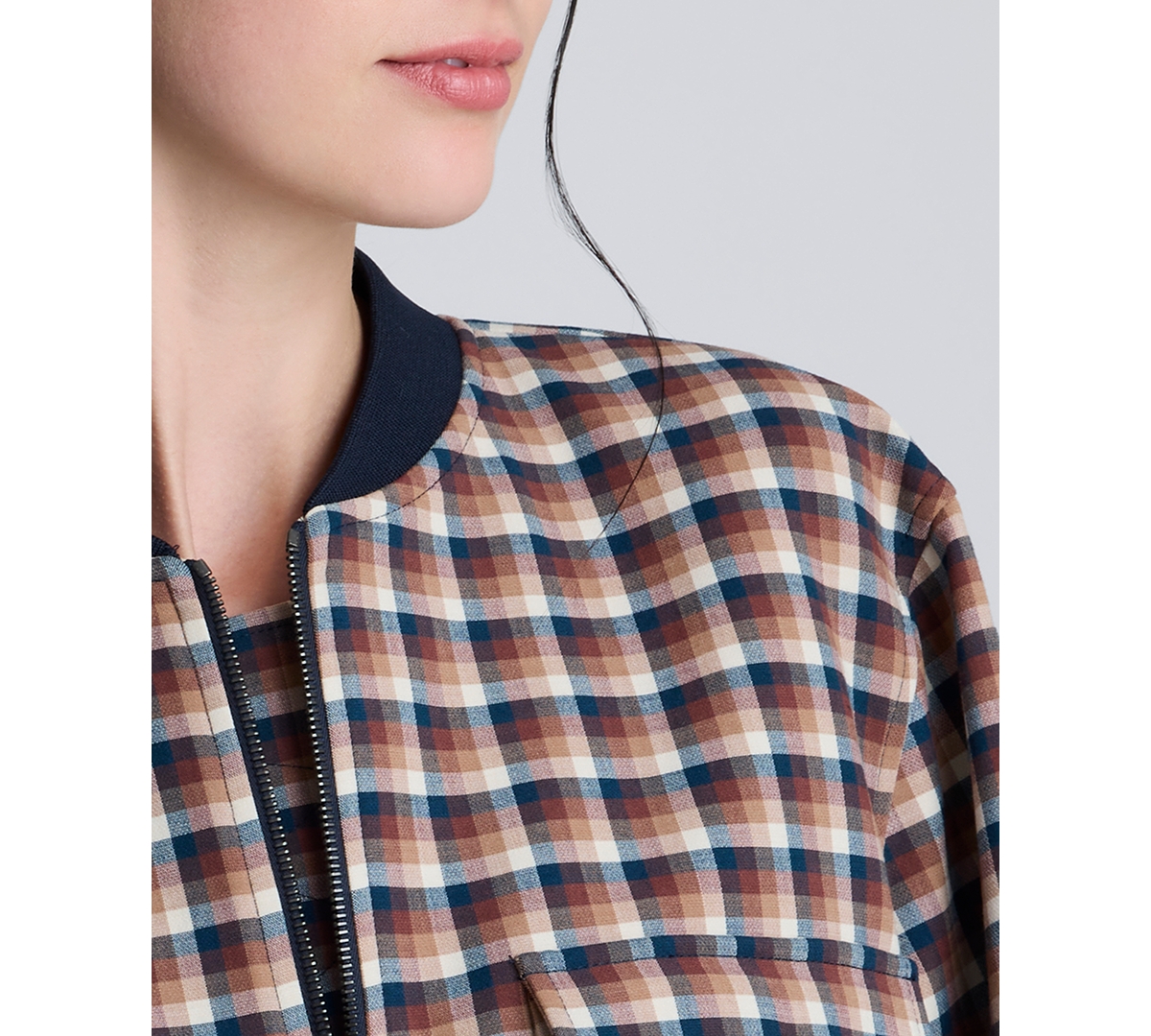 Kenneth Cole Check Patch Pocket Cropped Bomber In Brown