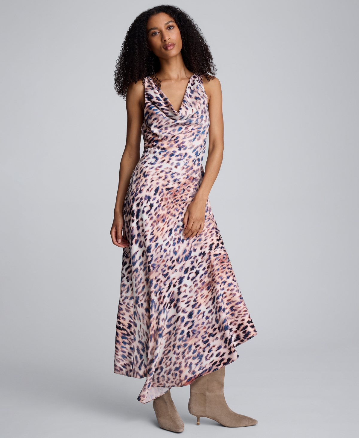 Kenneth Cole Abstract Animal Print Cowl Neck Asymmetric Dress In Pink