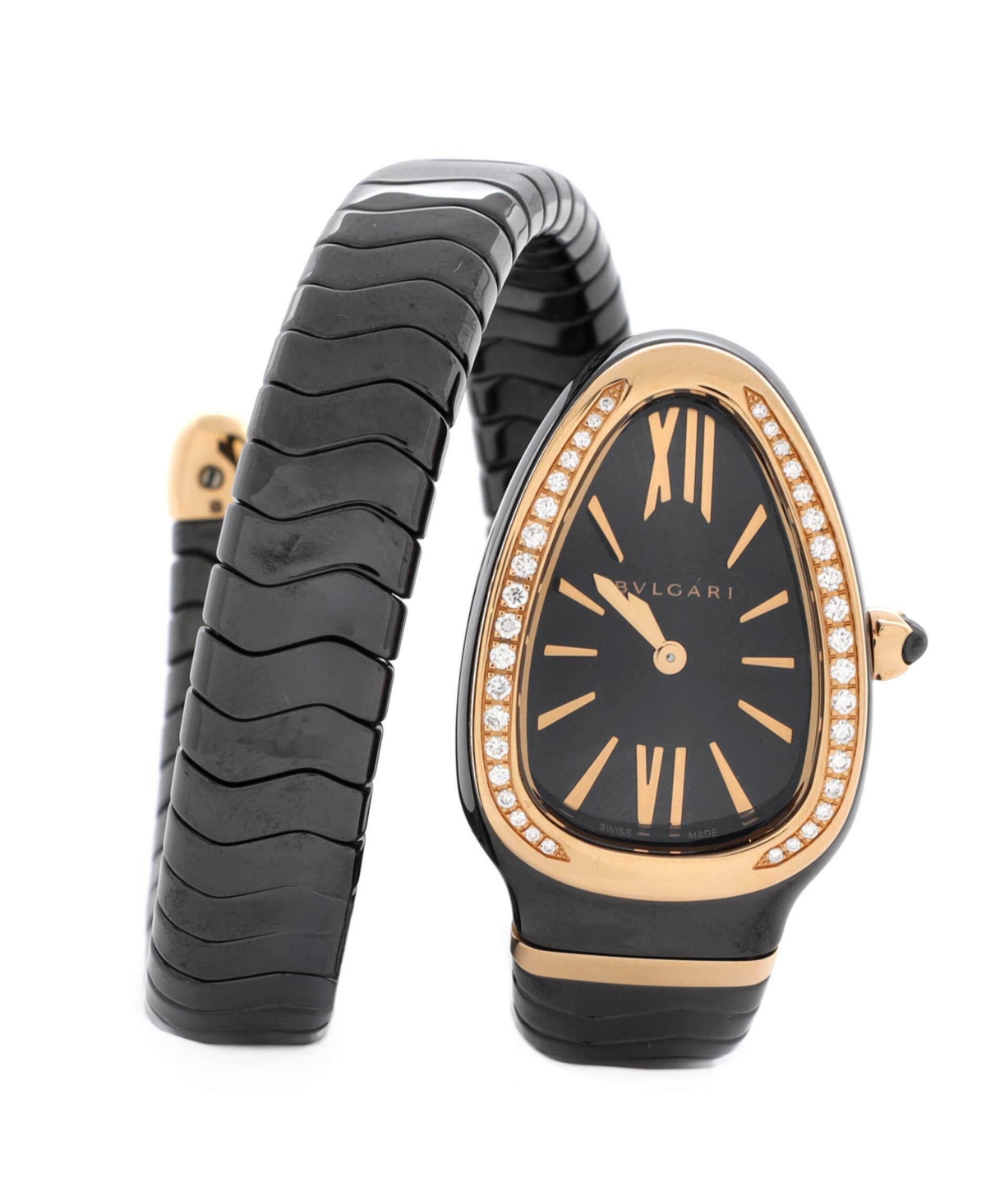 Serpenti Spiga Single Spiral Quartz Watch in Ceramic and Rose Gold with Diamond Bezel 23mm - Dial color: black