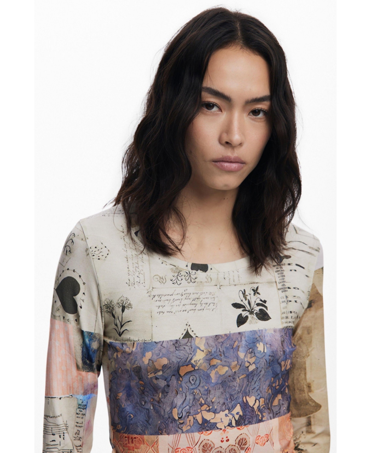 Desigual Pieced Print Long Sleeve T-shirt In Blue