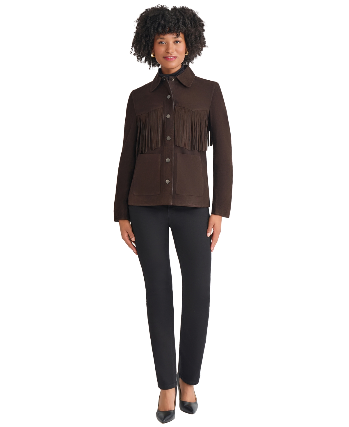 Jones New York Womens Fringe Suede Patch Long Sleeve Jacket Pxs Xl In Brown