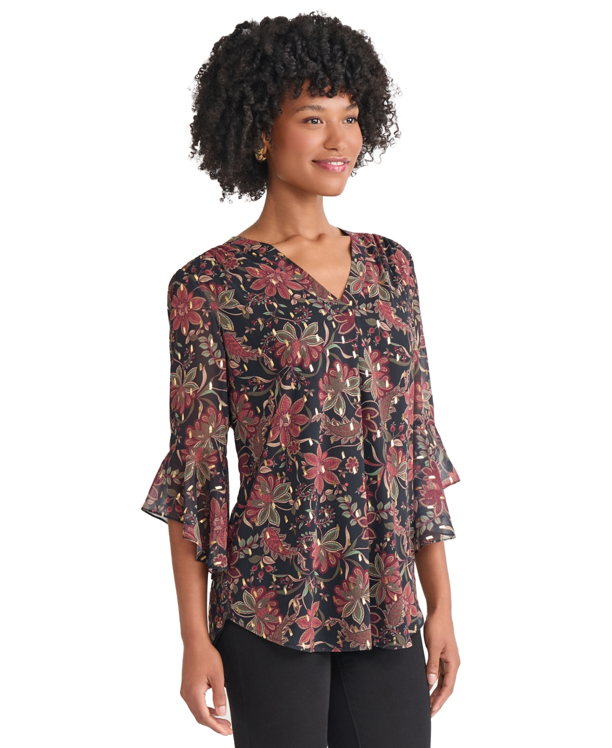 Jones New York Floral Flutter Sleeve Top In Black