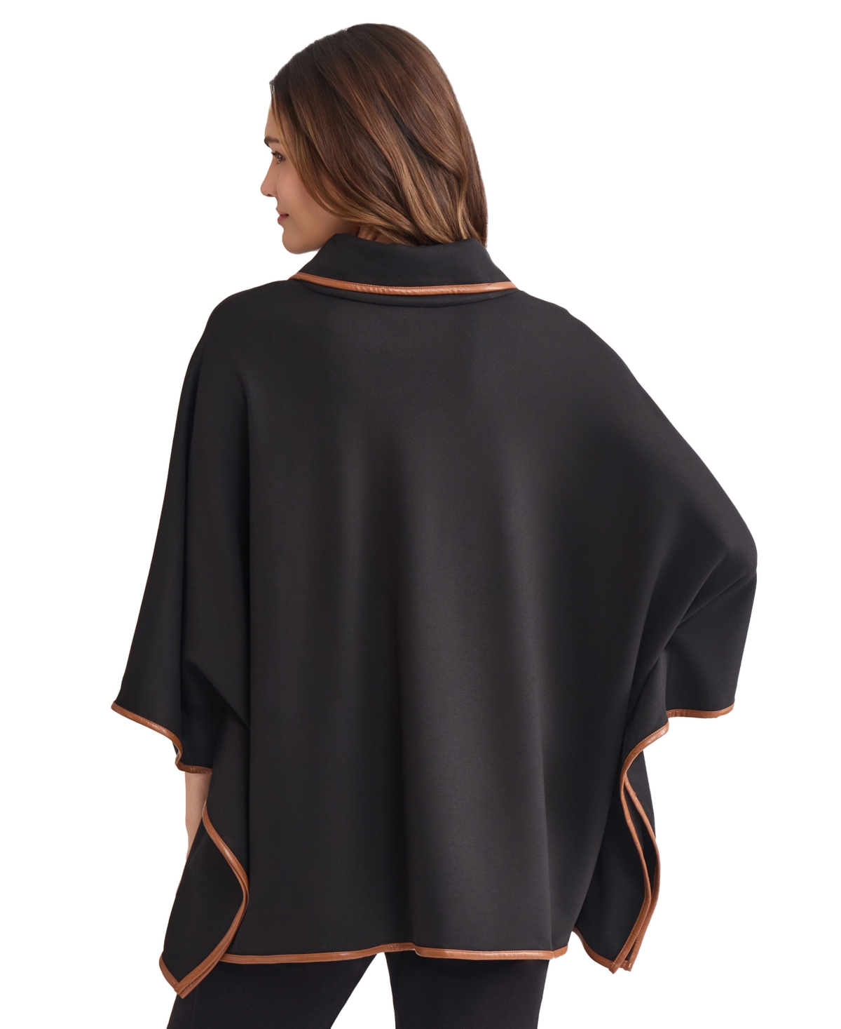 Jones New York Plus Size Faux-leather-trim Quarter-zip Poncho In Black