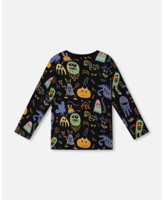 Big Boys Long Sleeve Cotton Allover Monsters Print Tee