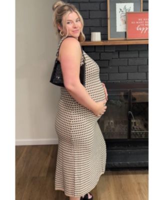 Maternity Beige Striped Knit Fitted Sleeveless Maxi Dress