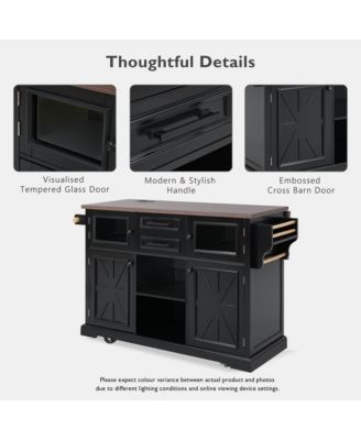 54.9" Kitchen Island with Drop Leaf, Power Outlet, Storage Cart with Glass & Barn Doors, 4 Shelves&Wheels (No Stools)