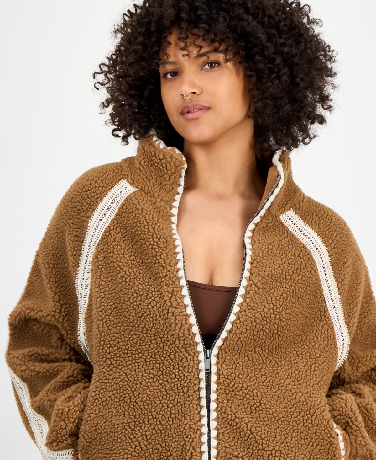 And Now This Women's Crochet-trim Sherpa Fleece Jacket, Macy's Exclusive In Brown