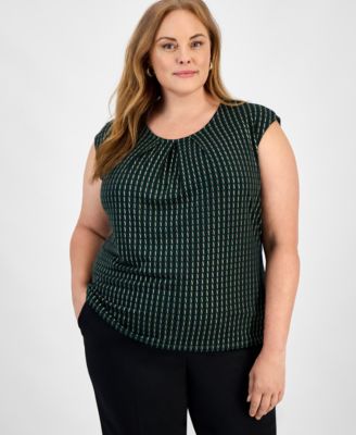 Kasper - Plus Size Printed Pleat-Neck Sleeveless Top