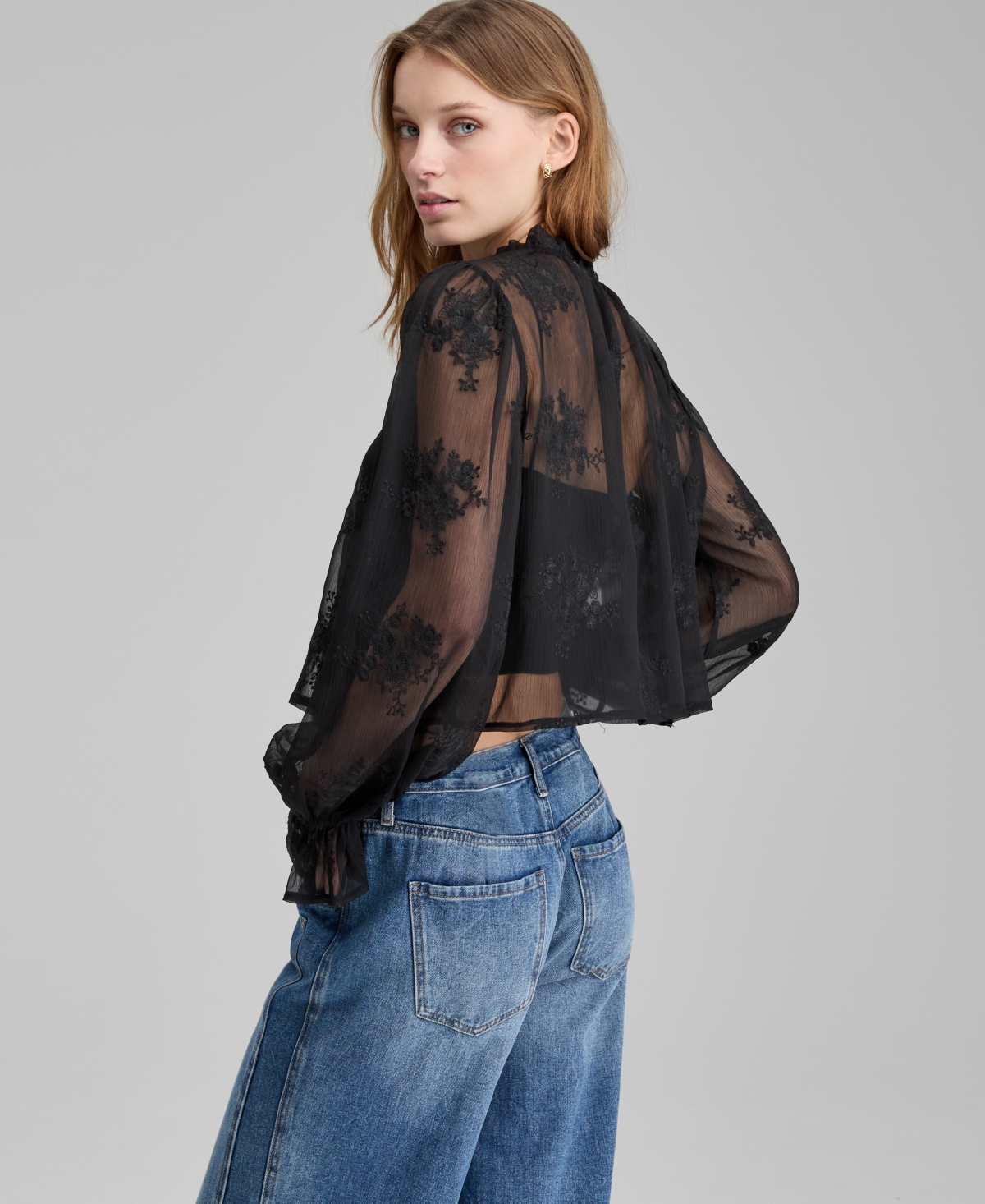 And Now This Women's Embroidered Sheer High-neck Blouse, Macy's Exclusive In Black