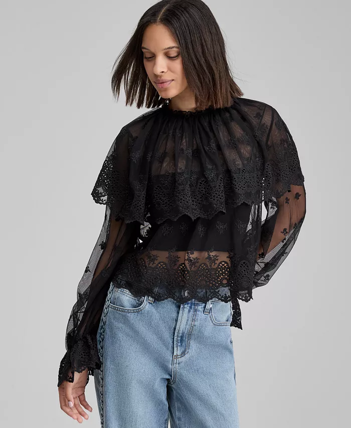 Women's Sheer Embroidered Capelet Blouse - thumbnail 3