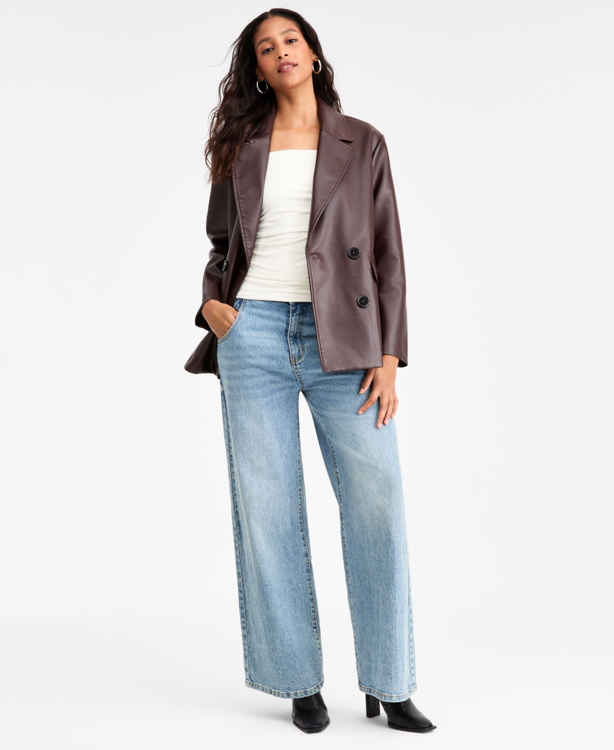 Bar Iii Women's Faux-leather Double-breasted Blazer, Macy's Exclusive In Brown