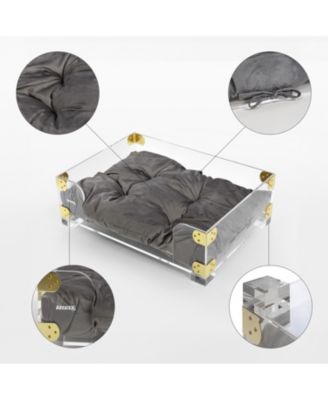 Haines 21.5" x 15.25" Small/Medium Modern Acrylic Velvet Pet Bed with Washable Cushion, Dark Gray/Clear