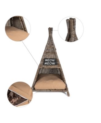 Tiki Tent 20" x 20" Coastal Handwoven Rattan Pet Bed with Machine-Washable Cushion, Kubu Gray