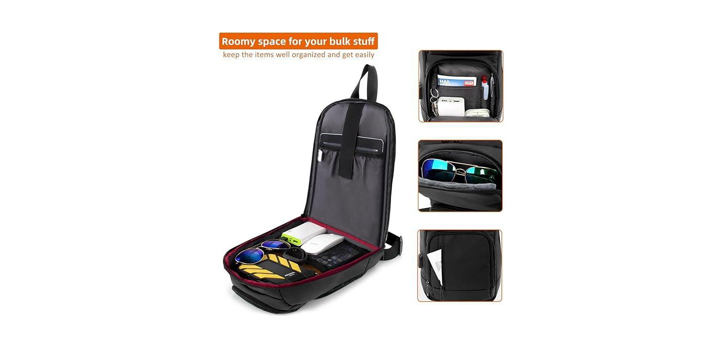Мужская сумка Wosofe 14 inch Sling Bag for Men, Black Crossbody Bag with USB Charging Port Fits 10.2inch iPad, Casual, цвет: Чёрный — фото 2