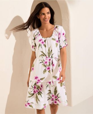 Women's Puff Sleeve Pleated Linen Knee Length Dress