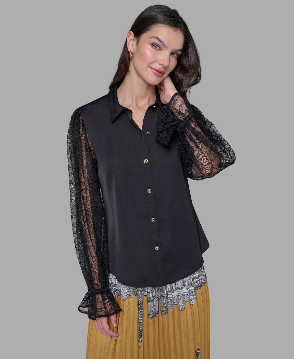 Karl Lagerfeld Women's Lace-sleeve Top In Black