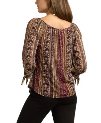 Juniors Printed Scoop-Neck 3/4-Sleeve Peasant Top