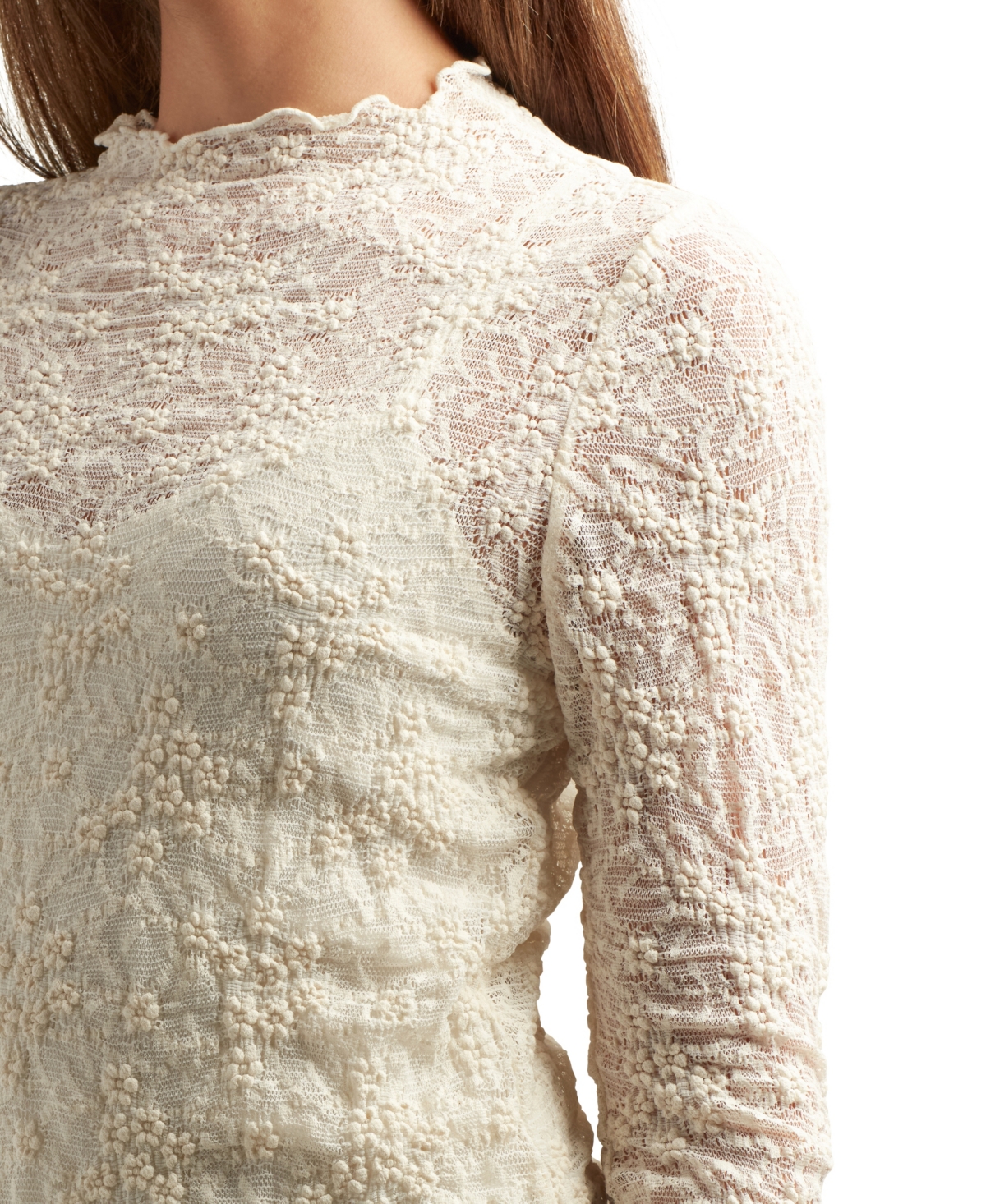 Bcx Juniors Patchwork Mock-neck Long-sleeve Lace Top In White