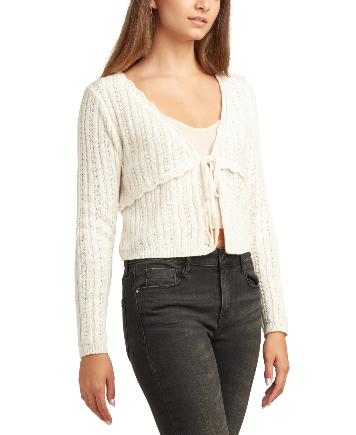 Bcx Juniors Tie-front Long-sleeve Cardigan Sweater In White