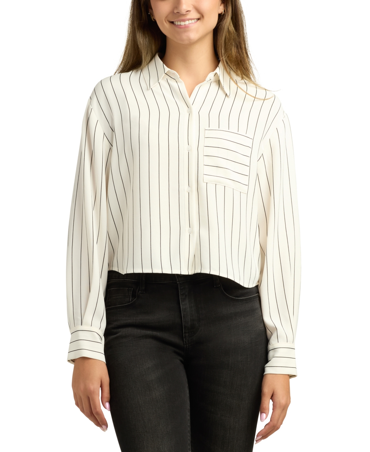 Bcx Juniors Stripe Long-sleeve Button-front Top In White
