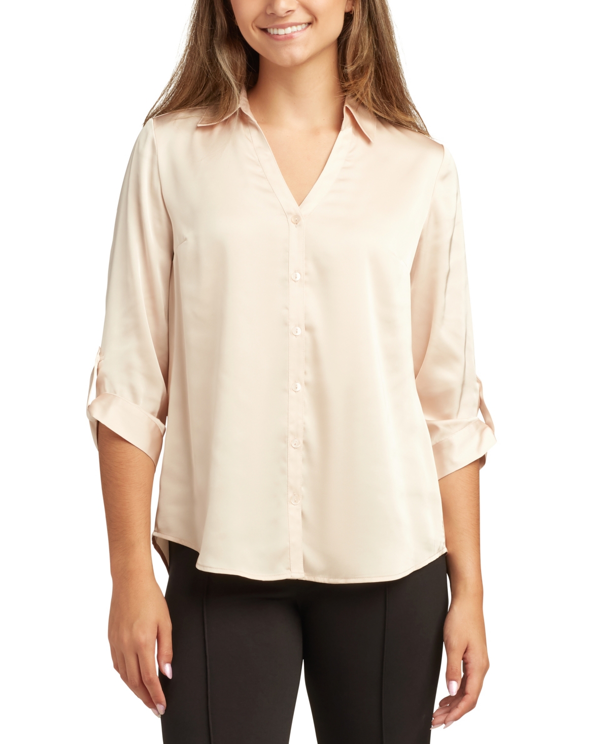 Bcx Women's Stretch Satin Button-Up 3/4-Sleeve Top