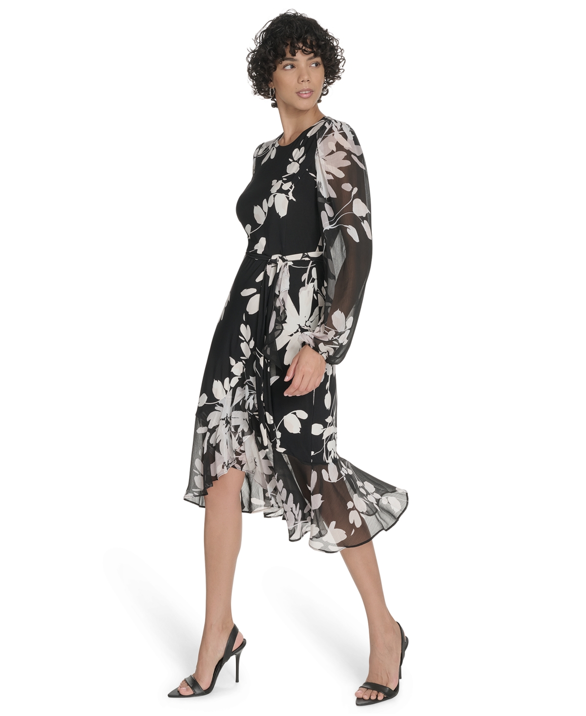 Tommy Hilfiger Floral Long Sleeve Ruffle Mixed Media Midi Dress In Multi