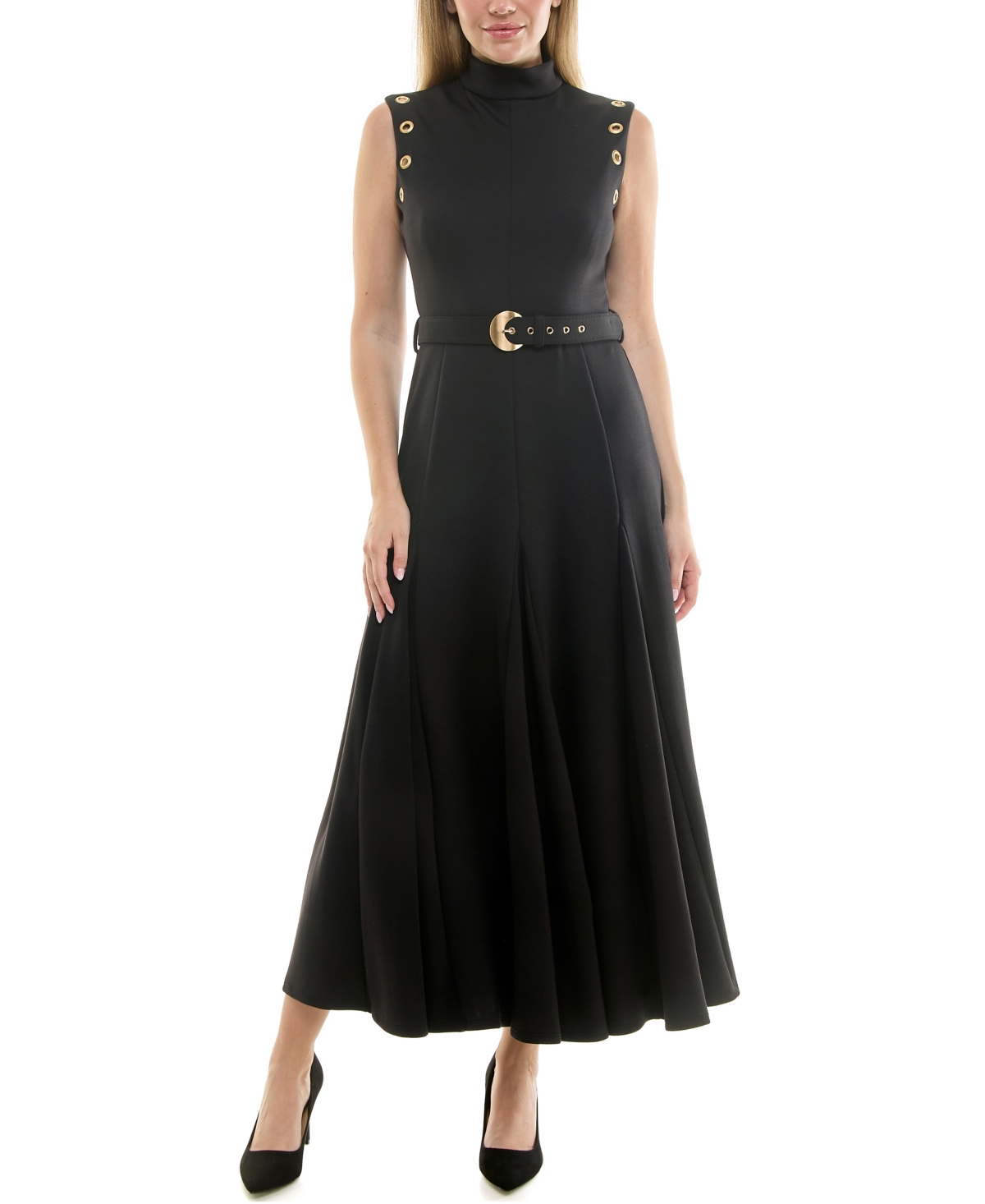 Women's Mock-Neck Grommet A-Line Dress - Black