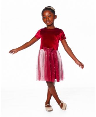 Girl Bi-Material Short Sleeve Party Dress Red - Child