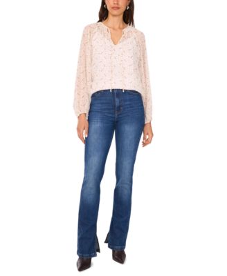 Women's Tie-Neck Shirring Long-Sleeve Peasant Blouse