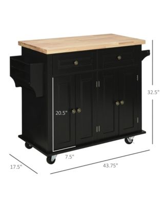 Black Kitchen Island: Cart with Varnished Rubberwood Top and Casters