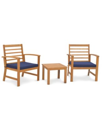 3PCS Furniture Set Acacia Wood Conversation Set w/ Soft Seat Cushions Outdoor