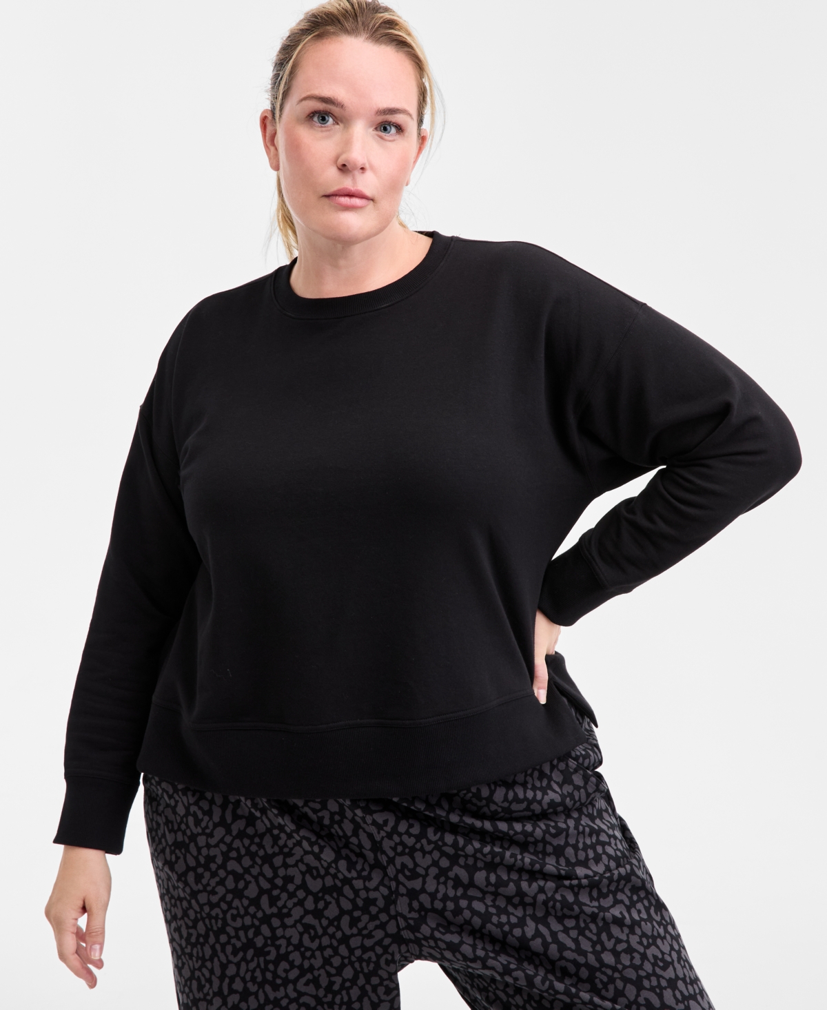 Id Ideology Plus Size Relaxed Crewneck Fleece Sweatshirt, Macy's Exclusive In Black