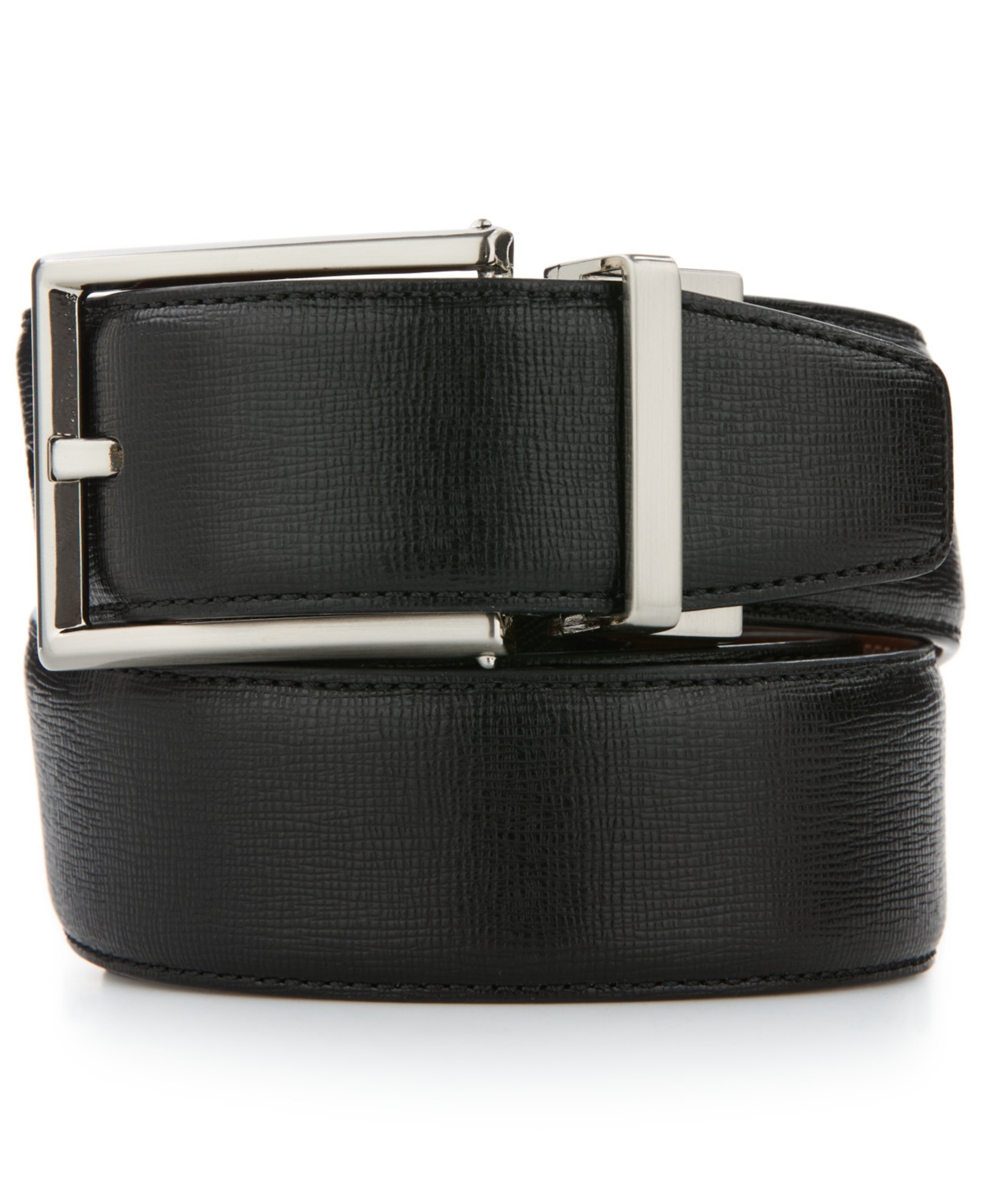Perry Ellis Portfolio Men's Safiano Reversible Textured Nickel Buckle Dress Belt In Black