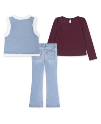 Little Girls 3-Piece Sherpa Vest, Round Neck T-Shirt, and Denim Jeans Set